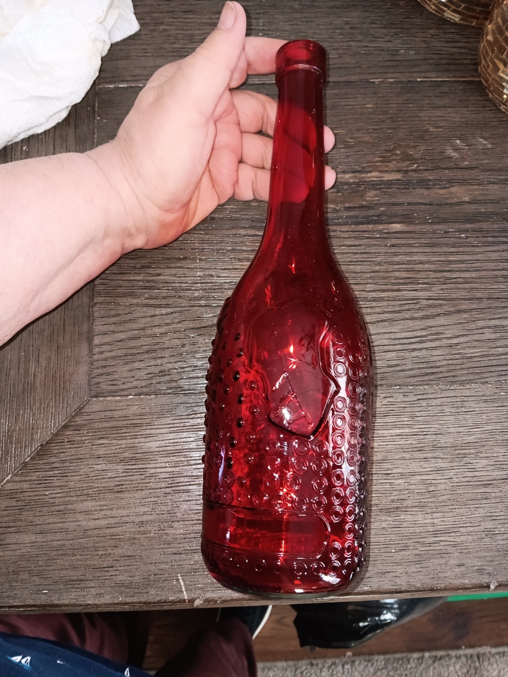 Unk Red Embossed Decorative Glass Bottle